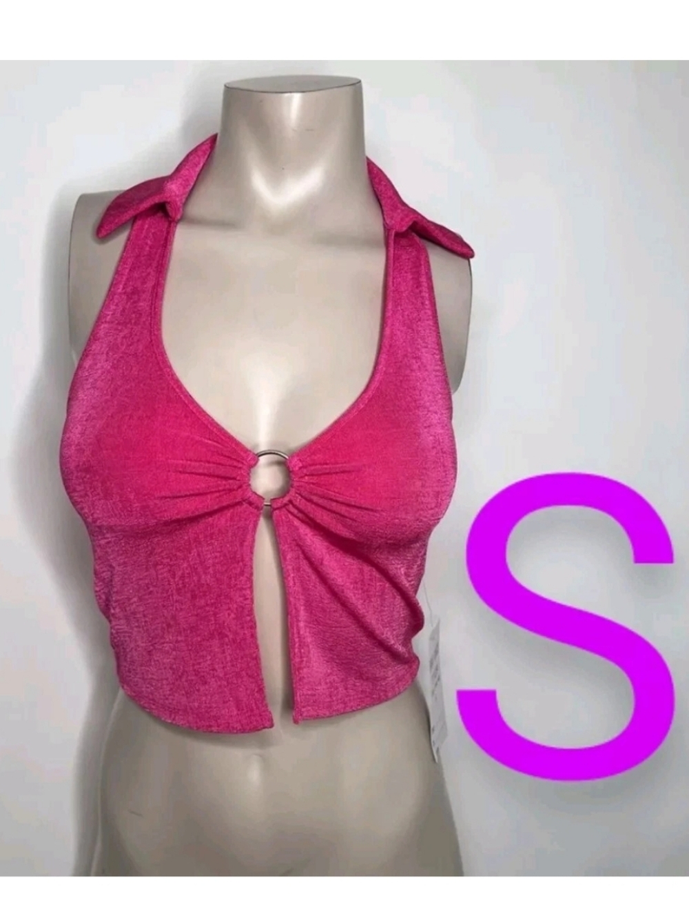 🆕Hot Pink Shimmery Halter Stretchy Crop Top Blouse~Size S